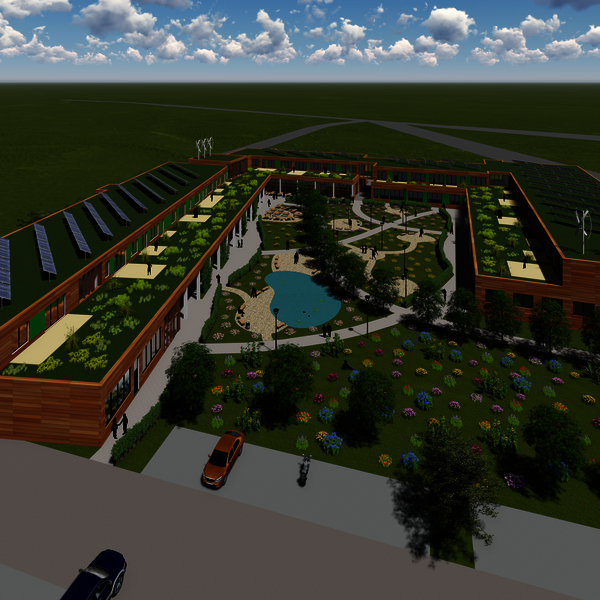 Rendering vom Gebäude des Berufbildungszentrum Euskirchen mit begrünten Dächern und Solar- und Windenergie