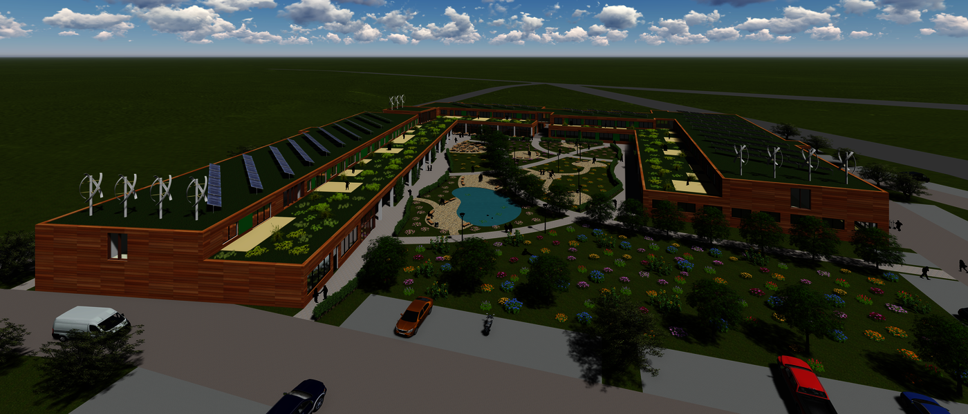Rendering vom Gebäude des Berufbildungszentrum Euskirchen mit begrünten Dächern und Solar- und Windenergie