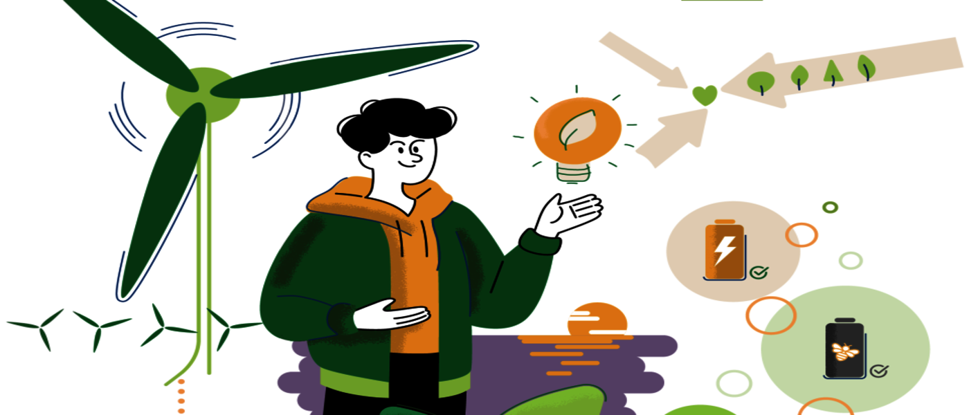 Illustration von einem jungen Menschen mit verschiedenen Zeichen, die Nachhaltigkeit symbolisieren