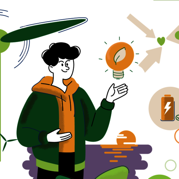 Illustration von einem jungen Menschen mit verschiedenen Zeichen, die Nachhaltigkeit symbolisieren